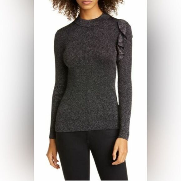 Ted Baker Addale Silver Metallic Black Rib Knit Sweater Ruffle SZ 1 /US 4 NWOT - Picture 1 of 9